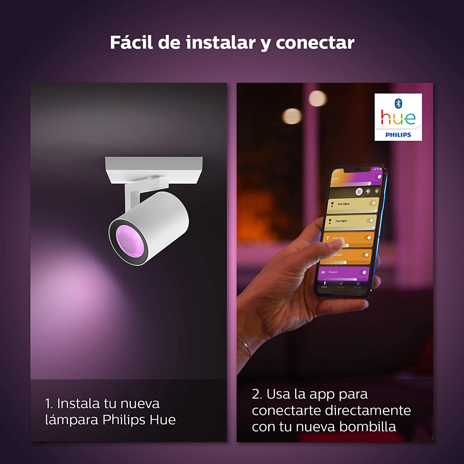Philips Hue - Lámpara LED inteligente Philips Hue Argenta, 5.7W-350 lúmens, Luz Blanca y de Colores, Compatible con Alexa y Google Home, 2 Focos LED, Blanco