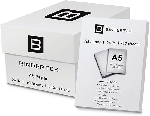 Bindertek Papel multiusos de tamaño A5 de 5.83 x 8.27 pulgadas, caja de 20 resmas, 250 hojas por resma, brillo 96, 90 gsm, calidad de archivo libre