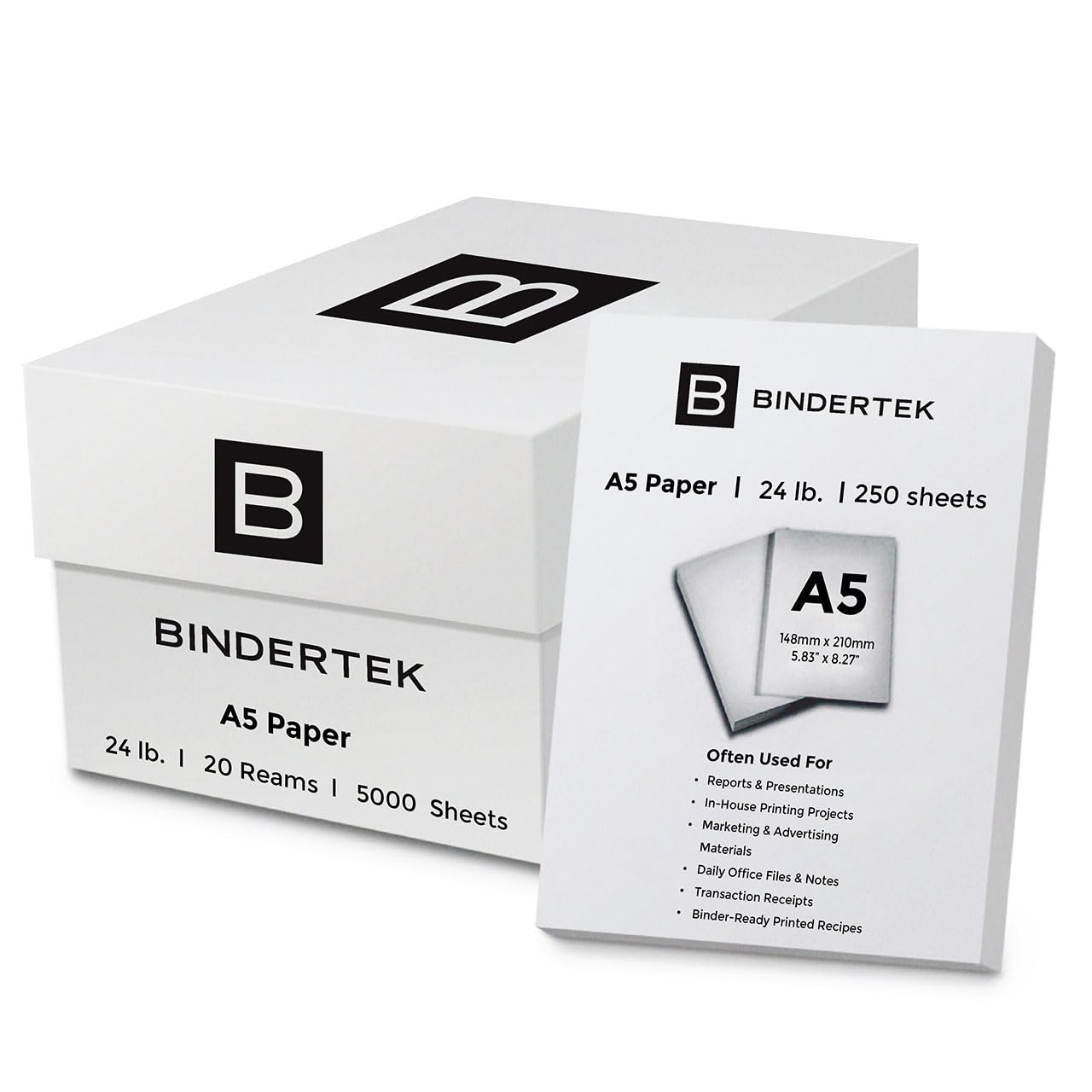 Bindertek 24 lb. A5 Size 5.83" x 8.27" Multi-Purpose Paper, Case of 20 Reams, 250 Sheets per Ream, 96 Brightness, 90 gsm, Acid Free Archival Quality, Perfect for Cards, Marketing and Promo Materials