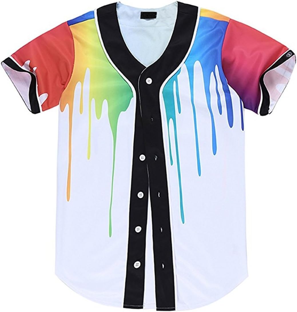 Short Sleeve Arc Bottom 3D Colorful Splatter Paint Print Baseball Jersey Shirt