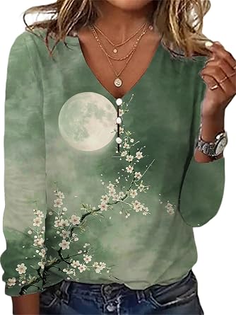 LOAIHA Japanese Shirts for Women Floral Print Long Sleeve Bohemian Tops V Neck Button Down Boho Outfits Plus Size Pullover