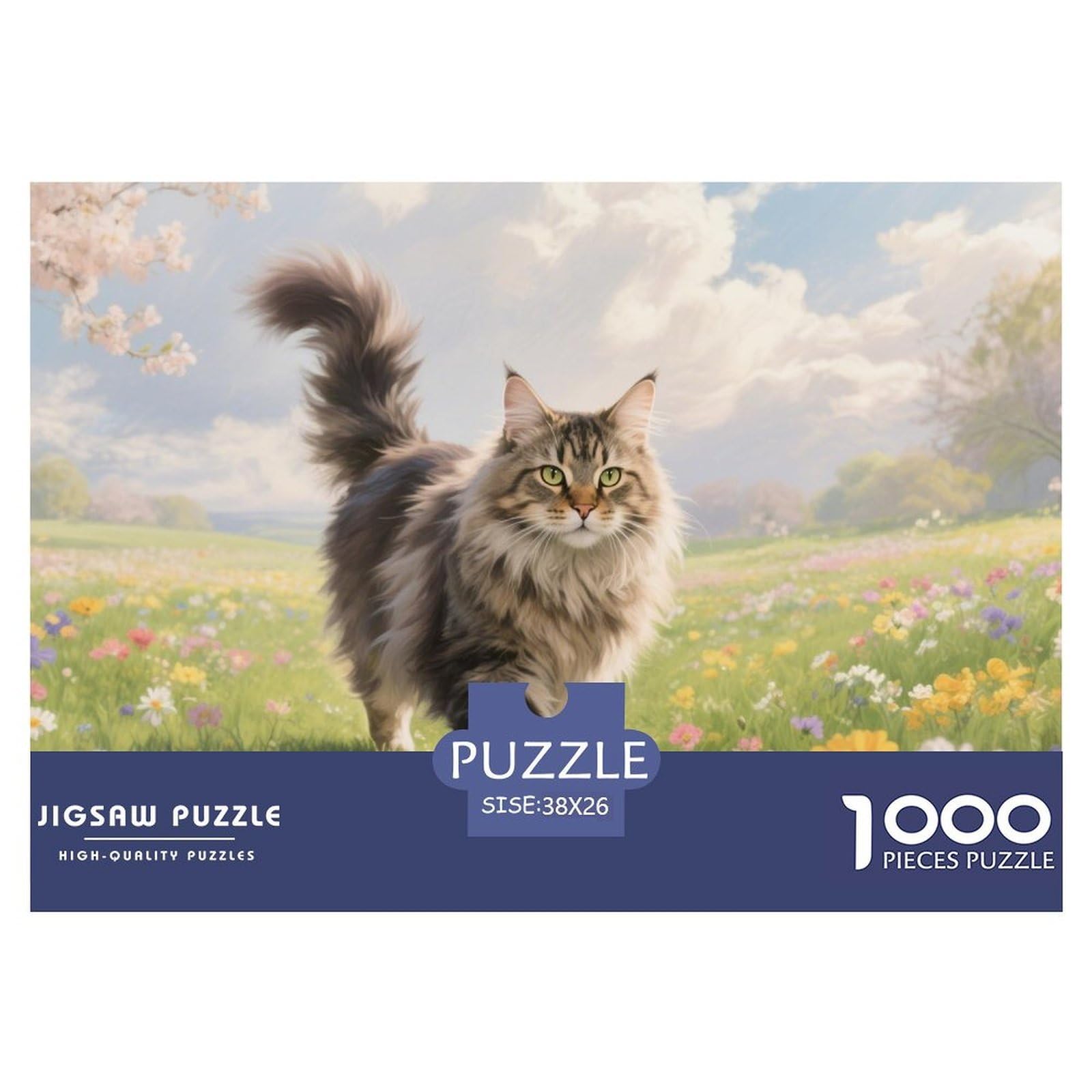 Jigsaw Puzzles Maine Coon Cat 1000 Piece Challenge Game for Adults,Spring Flower Scene Impossible Jigsaw Puzzle 1000 Piece Educational Games for Adults Or Families 38x26cm/1000pcs
