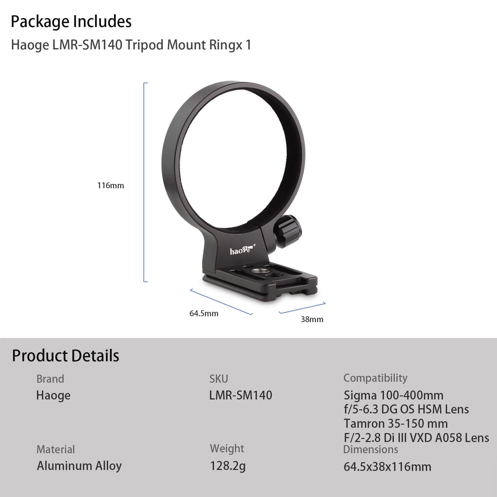 Haoge LMR-SM140 - Supporto per treppiede per obiettivo Sigma 100-400 mm f/5-6.3 DG OS HSM, obiettivo contemporaneo Arca Swiss con piastra a sgancio rapido integrata