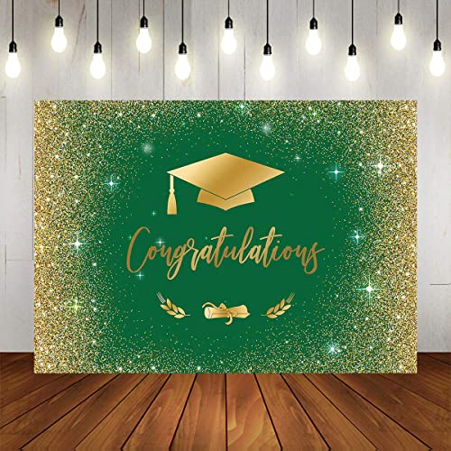 Mocsicka Congratulate Graduation Backdrop Class Of 2023 Golden Glitter Bokeh Spots Photography Background Vinyl Graduation Cap Design Gold Dots Decorations Photo Studio Booth Props (Green Gold, 7X5Ft) #TOP4