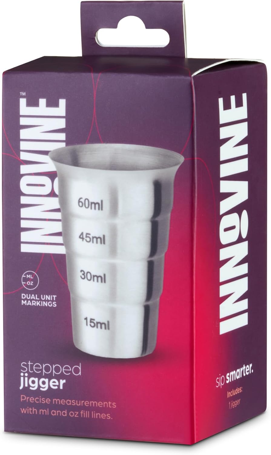 Innovine Stepped Jigger, Durable Satin Metal Finish Drink Measuring Tool, Perfect for Margarita, Whiskey Sour, Martini, Cocktail Accessories, Home Bar, Bartending Tools, Barware, Set of 1