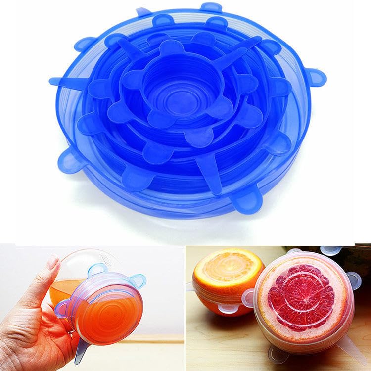 Image of Reusable Premium Silicone Stretch Lids for Food Storage, Flexible Elastic Heat-Resistant Silicone Bowl Covers, Cups, Cans, 6 Different Sizes, Keep Food Fresh Blue & White (24)