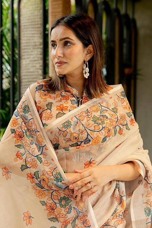 Image of RAJESHWAR FASHION WITH RF Soft Linan Cotton Summer collection rose digital print Traditional look saree beige