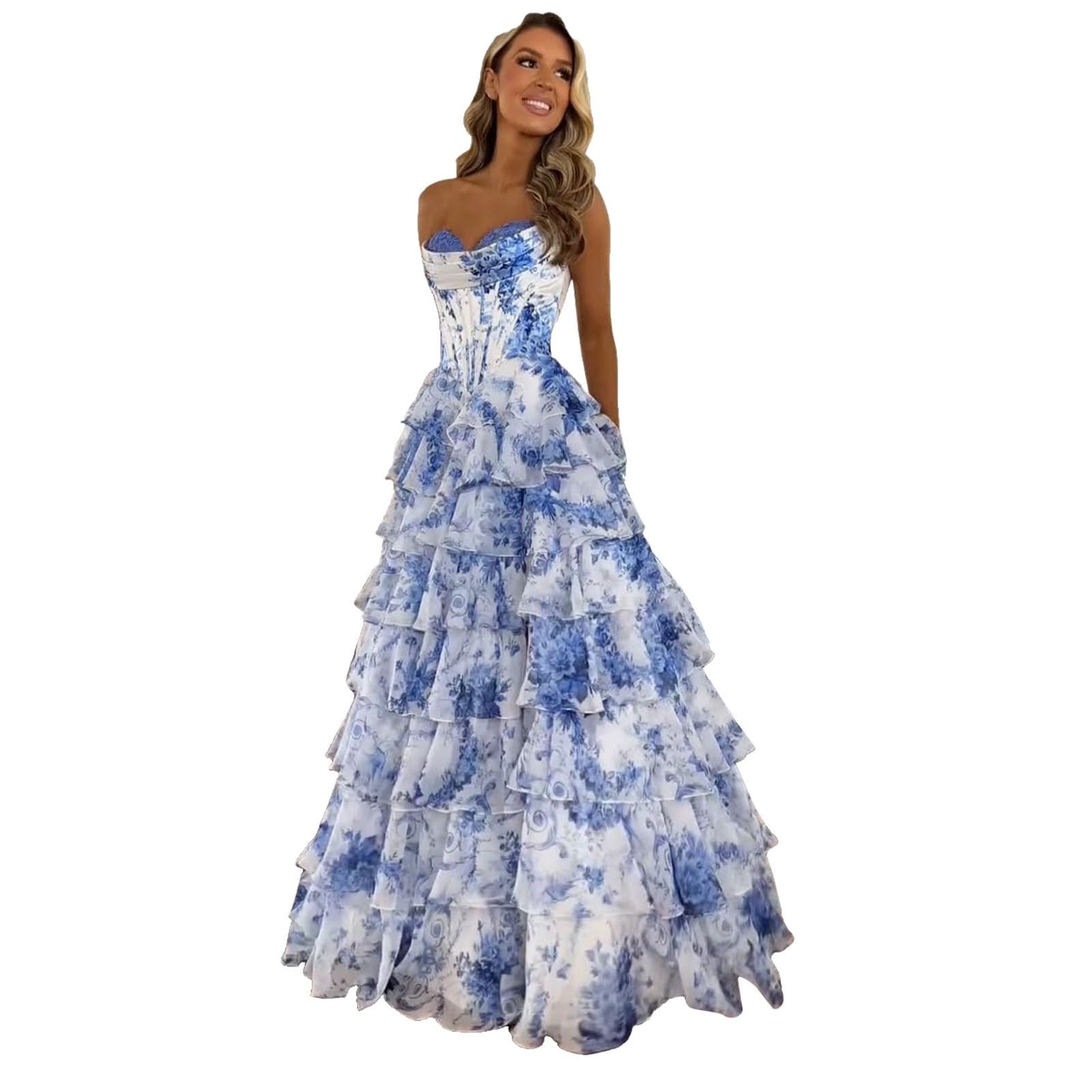 Vestido midi casual con estampado floral, sin mangas, sin tirantes, vestido de fiesta de gasa, para banquetes y ropa de noche, cómodo, elegante y femenino