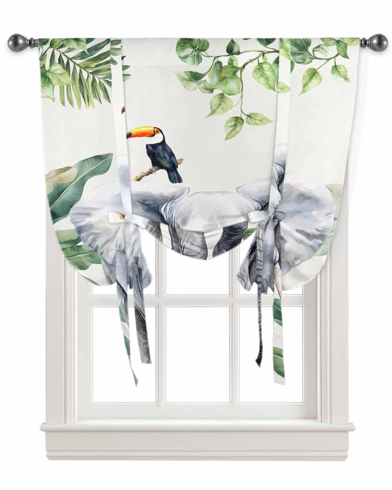 Tie Up Curtains for Kitchen Windows,African Parrot on Elephant Palm Leaf Adjustable Balloon Shade Curtain Panel Rod Pocket Drapes for Small Window Decor 34
