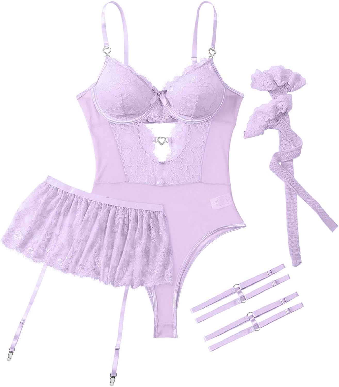 Lilosy Sexy Stocking Rhinestones Heart Garter Underwire Floral Mesh lace Sheer Babydoll Lingerie Teddy Bodysuit Skirt Set