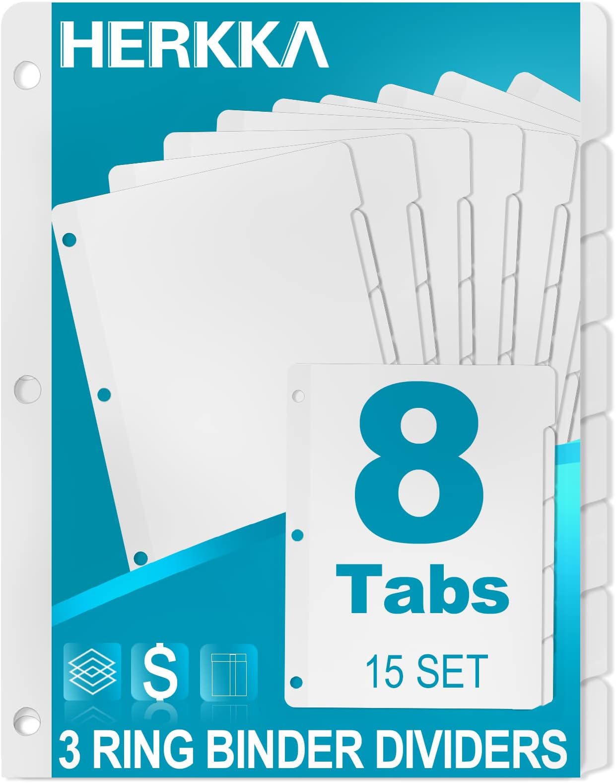 8-Tab Binder Dividers, HERKKA 3 Ring Binder Dividers with Reinforced Edge, 3 Hole Punch Section Index Dividers for Binders, 1/8-Cut Tabs, Letter Size, White, 120 Dividers