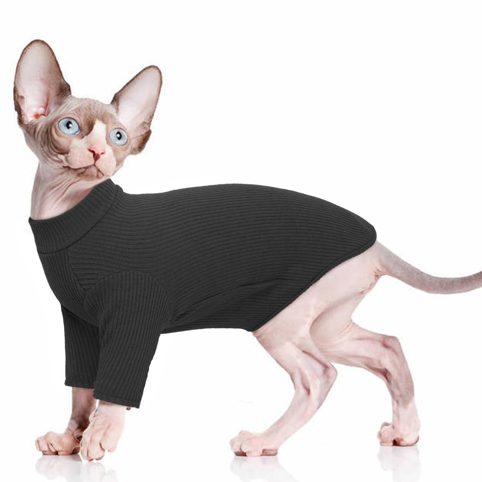 PUMYPOREITY Sphynx Ropa de Algodón sin Pelo Gato Suéter Lindo Cuello Alto Transpirable Camisetas Cuello Redondo Chaleco Camisas Gatitos Ropa Suave (Negro, XL)