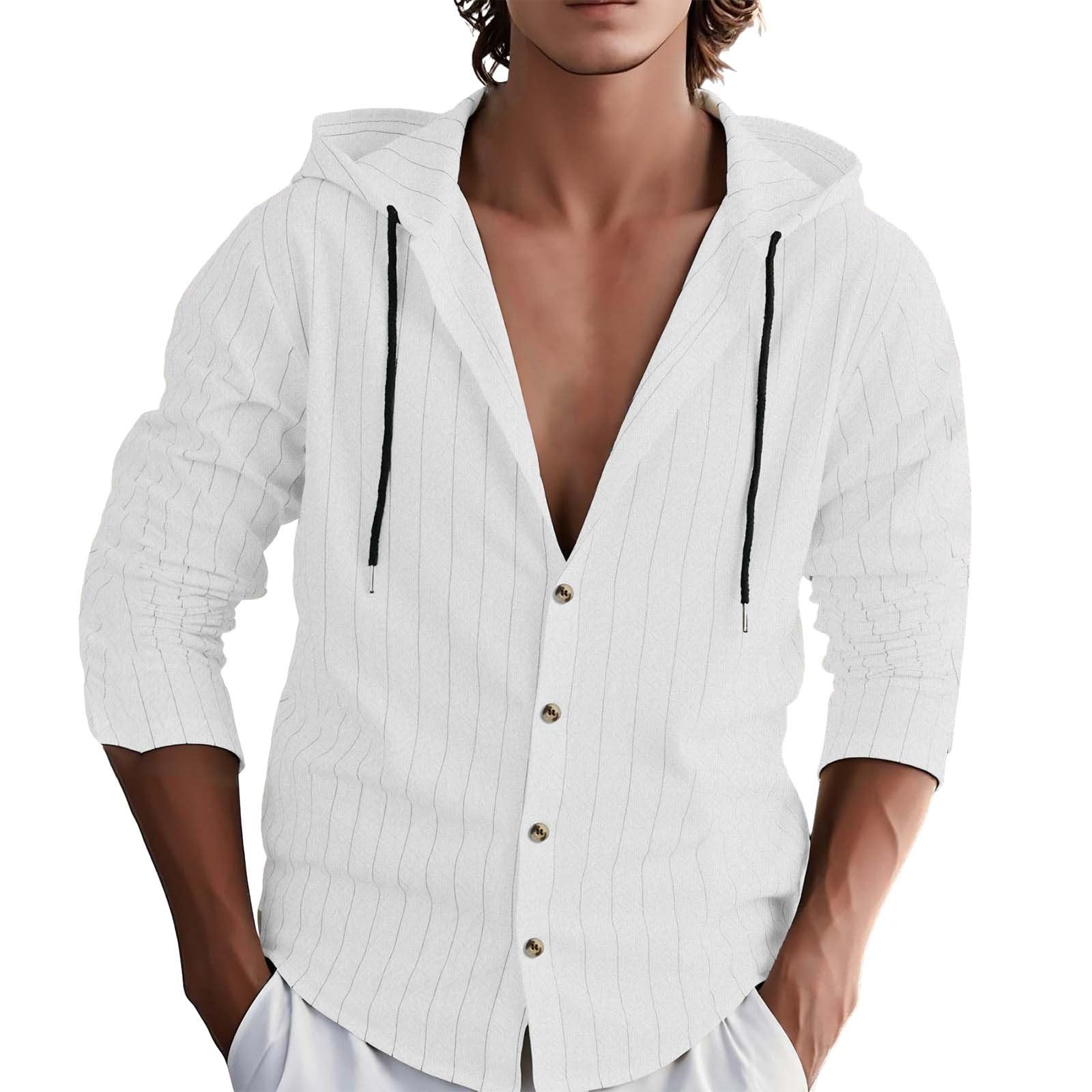 Generico Camicia Cappuccio Uomo Maniche Lunghe A Righe Lino Cotone con Bottoni, Indumento Traspirante per Look Casual Stagionali