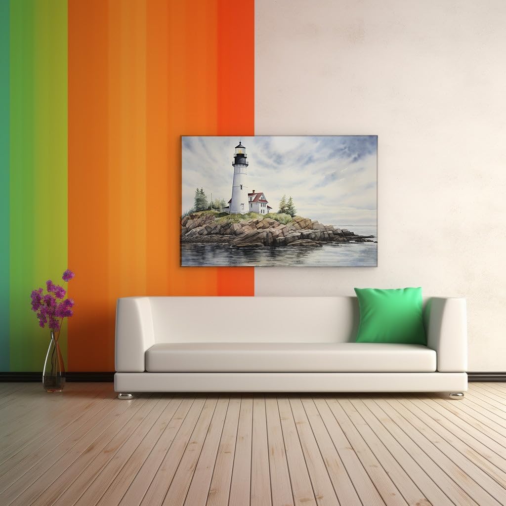 Canvas for Living room. Lighthouse Serenity: A Watercolor Masterpiece of Coastal Tranquility, 27 x 18 inch Canvas Wall Art - Contemporary Masterpieces - Modern Home Decor