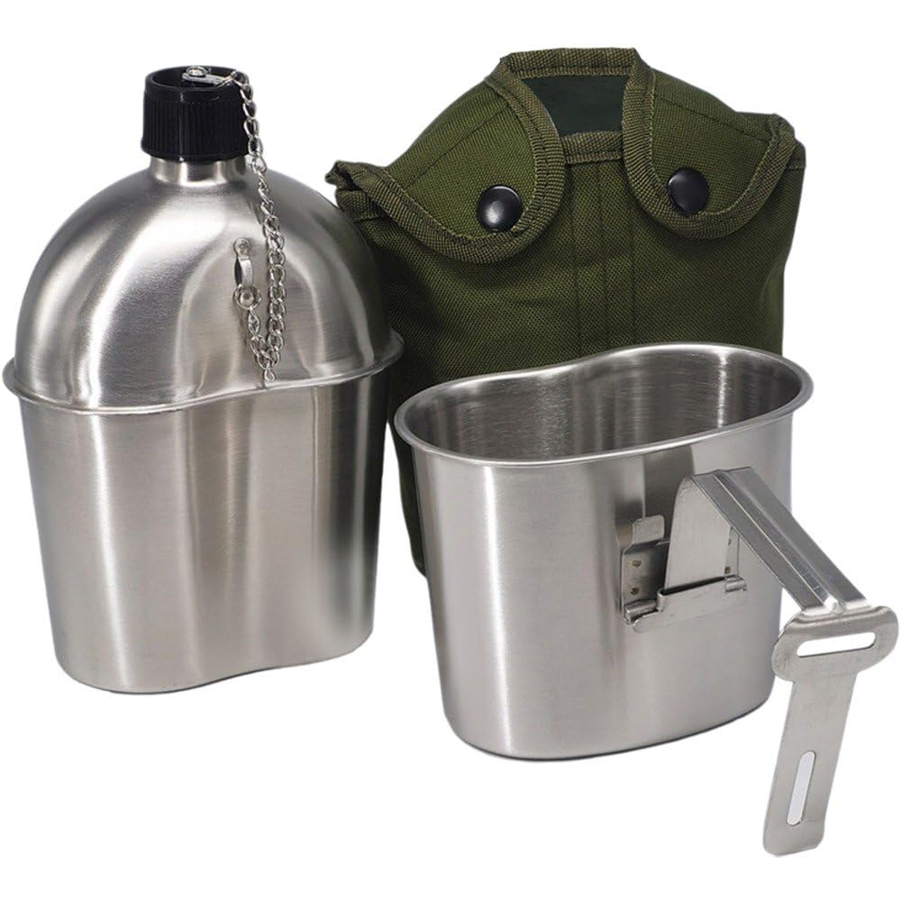 Danlai Silver Stainless Steel Military Canteen Set With Cup And Sleeves For Outdoor Camping Climbing Hiking Backpacking Kettle Bottle