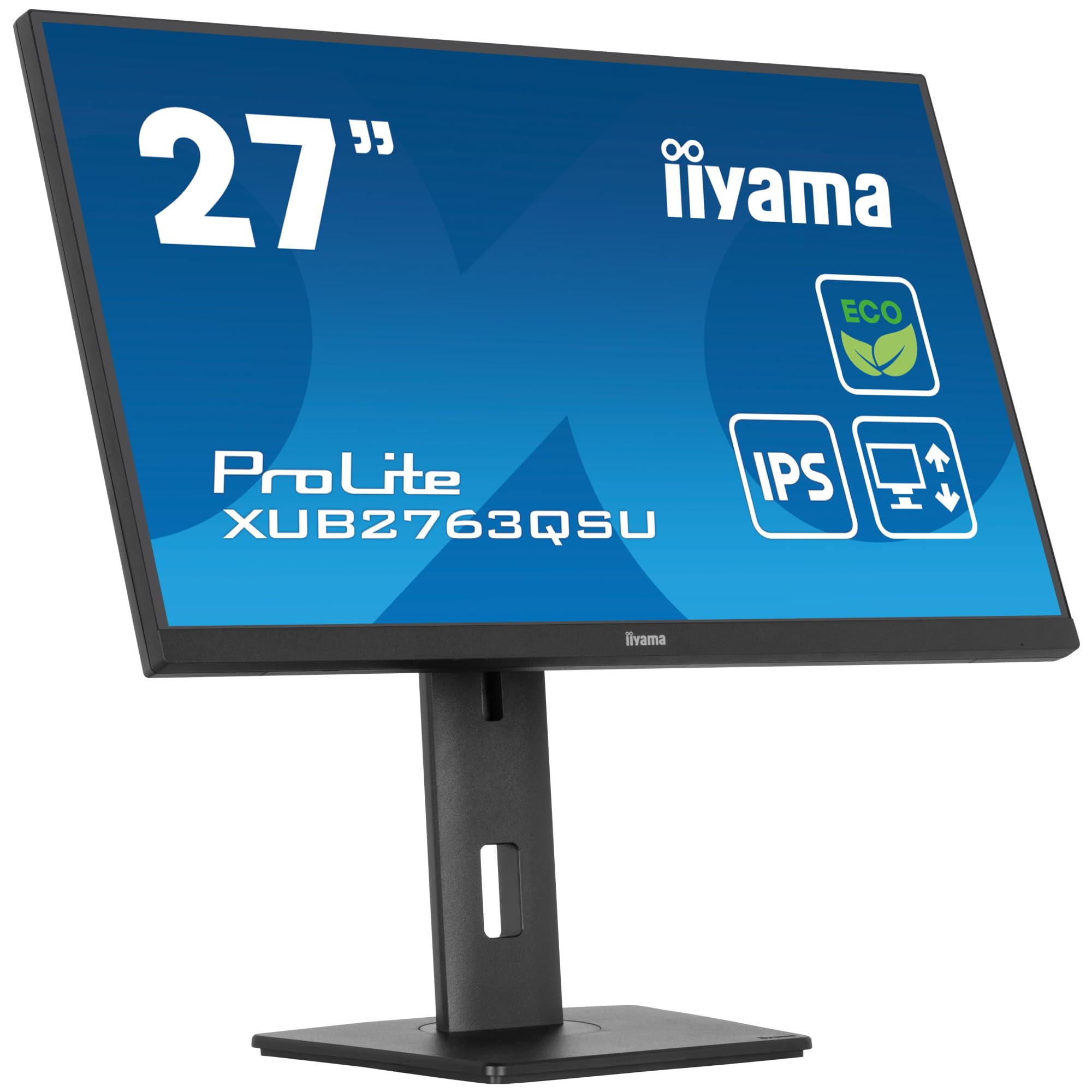 Ecran iiyama Prolite XUB2763QSU-B1 Slim,IPS, 2560x1440@100Hz, 2ms, 350cd, DP/HDMI/USB HUB (2x3.2), Haut-parleurs, FreeSync, i-Style, réglable en Hauteur + Pivot, TCO, Green Product