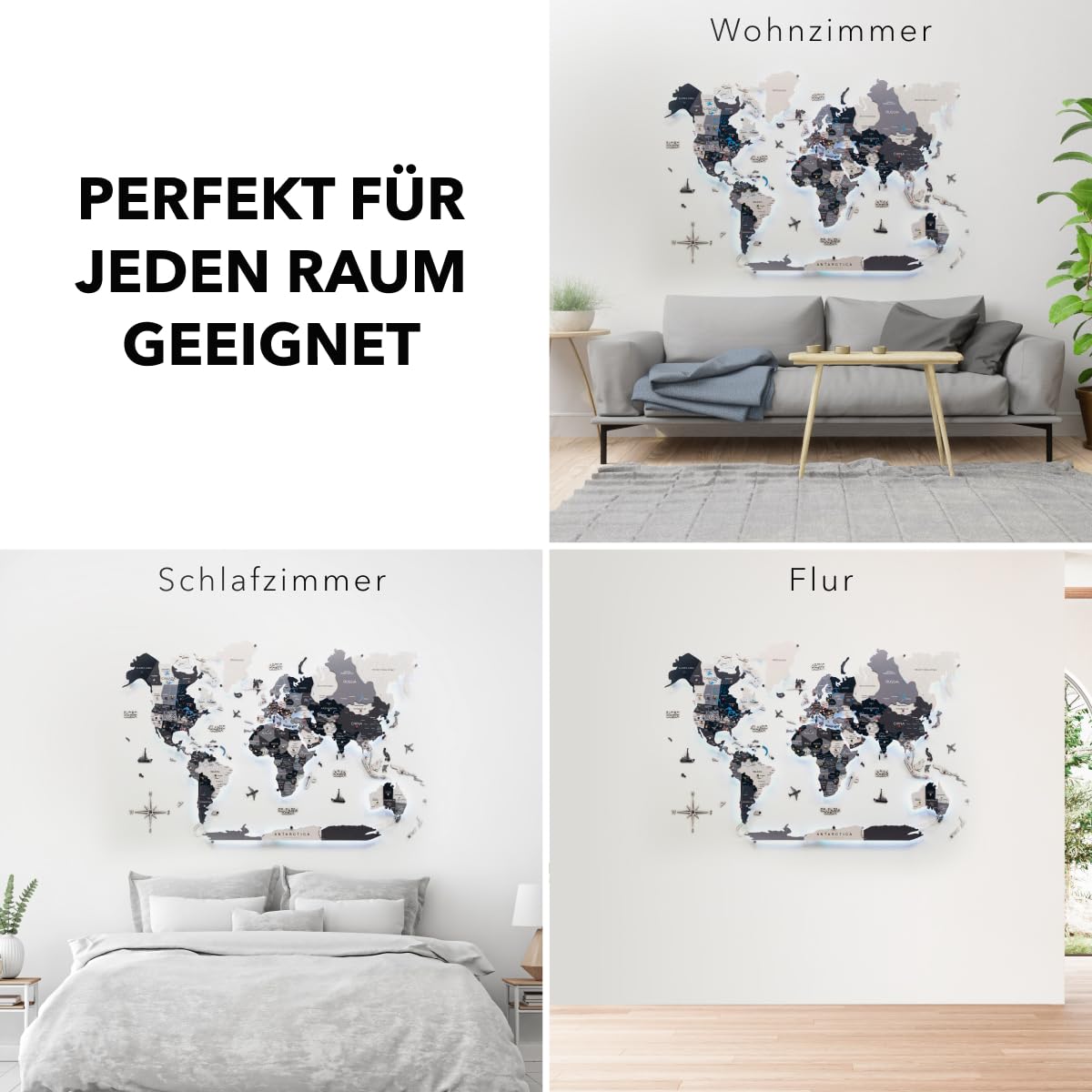 Enjoy The Wood - 3D Weltkarte Holz zur Wand Deko Wohnzimmer - Geschenkidee für Wanderer - Wandkunst zum Pinnen für Reiseziele - Wanddeko für Zuhause und Küche oder Büro (Nordik)
