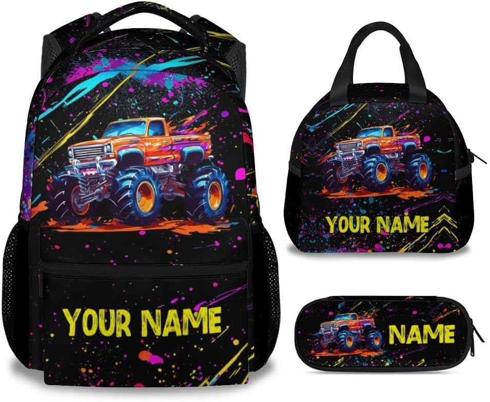 Custom Truck Backpack with Lunch Box and Pencil Case Set, 3 in 1 Matching Boys Colorful Backpacks Combo, Bookbag and Pencil Case Bundle