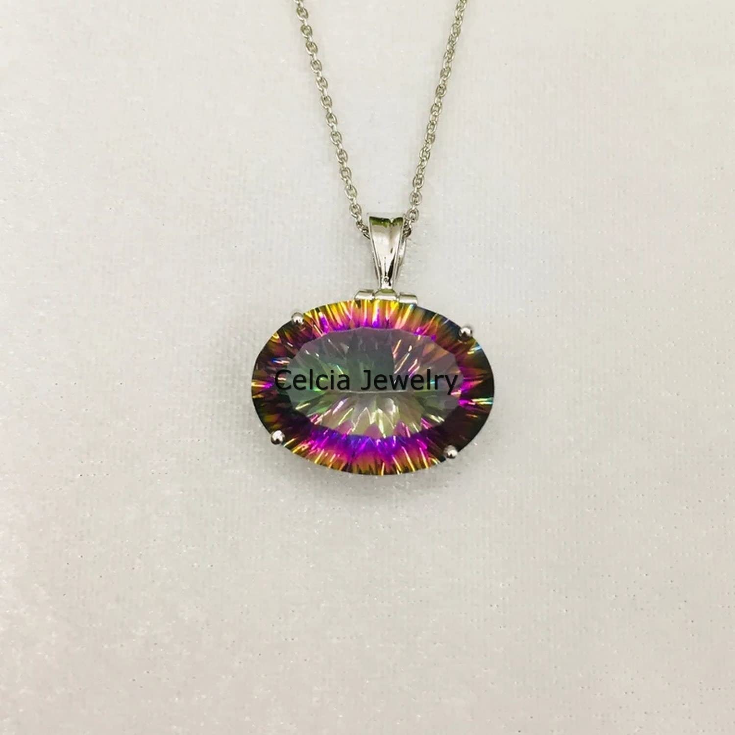 Collar de plata de ley 925 auténtica para mujer, collar hecho a mano único con piedras preciosas ovaladas facetadas de topacio místico genuino para ella