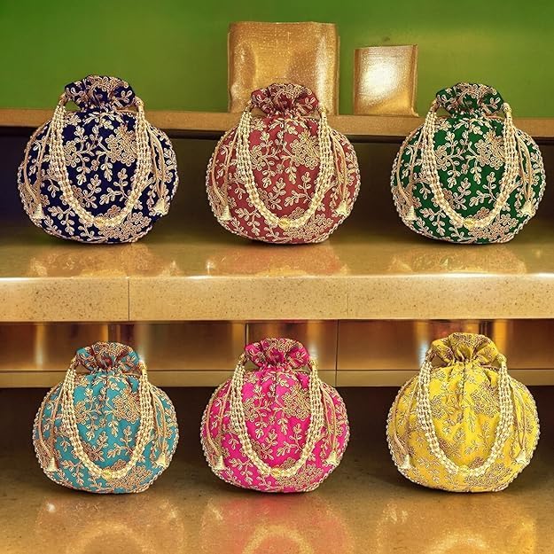 Handmade Velvet Embroidered Navy Blue Potli Bag for Women – Indian Ethnic Drawstring Handbag, Bridal Wedding Clutch Purse, Traditional Batwa Bag for Party Favor Mehendi Sangeet Festive Wear