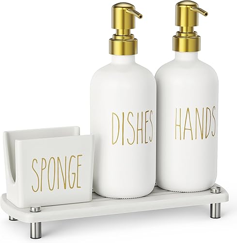 Miniatura 8 de Cisily El juego de dispensador de jabón de cocina viene con soporte de esponja de cerámica, bombas doradas y bandeja de secado instantáneo, juego de