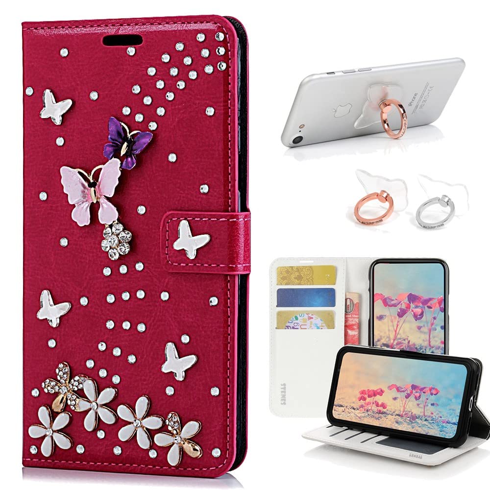 STENES Bling Wallet Phone Case Compatible with iPhone 15 Pro Max Case - Stylish - 3D Handmade S-Link Butterfly Floral Design Leather Cover with Ring Stand Holder [2 Pack] - Red