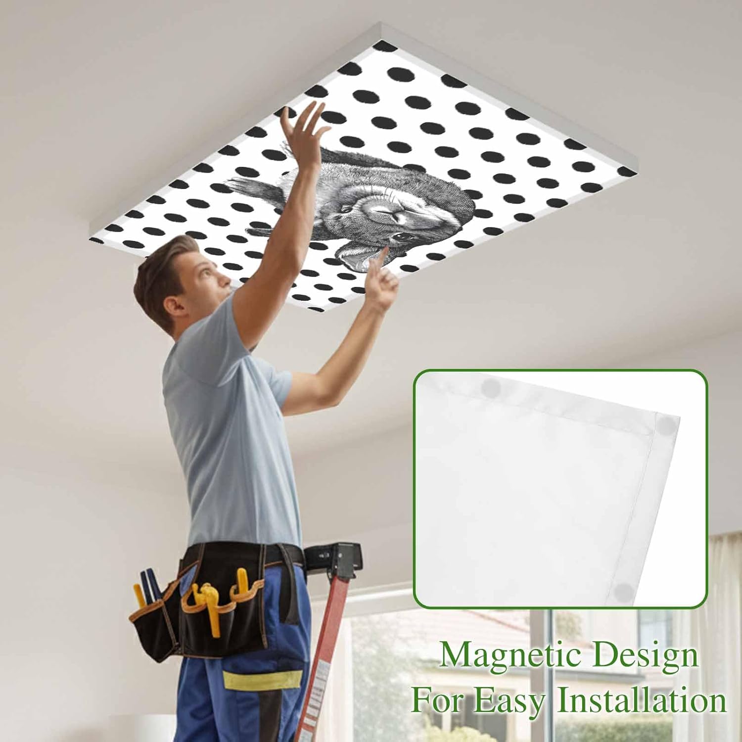 2x4 ft Fluorescent Light Cover for Ceiling Farmhouse Easter Rabbit Magnetic Light Filters, Spring Animal Polka Dot Ceiling Lampshades for Home School Office 4Pcs