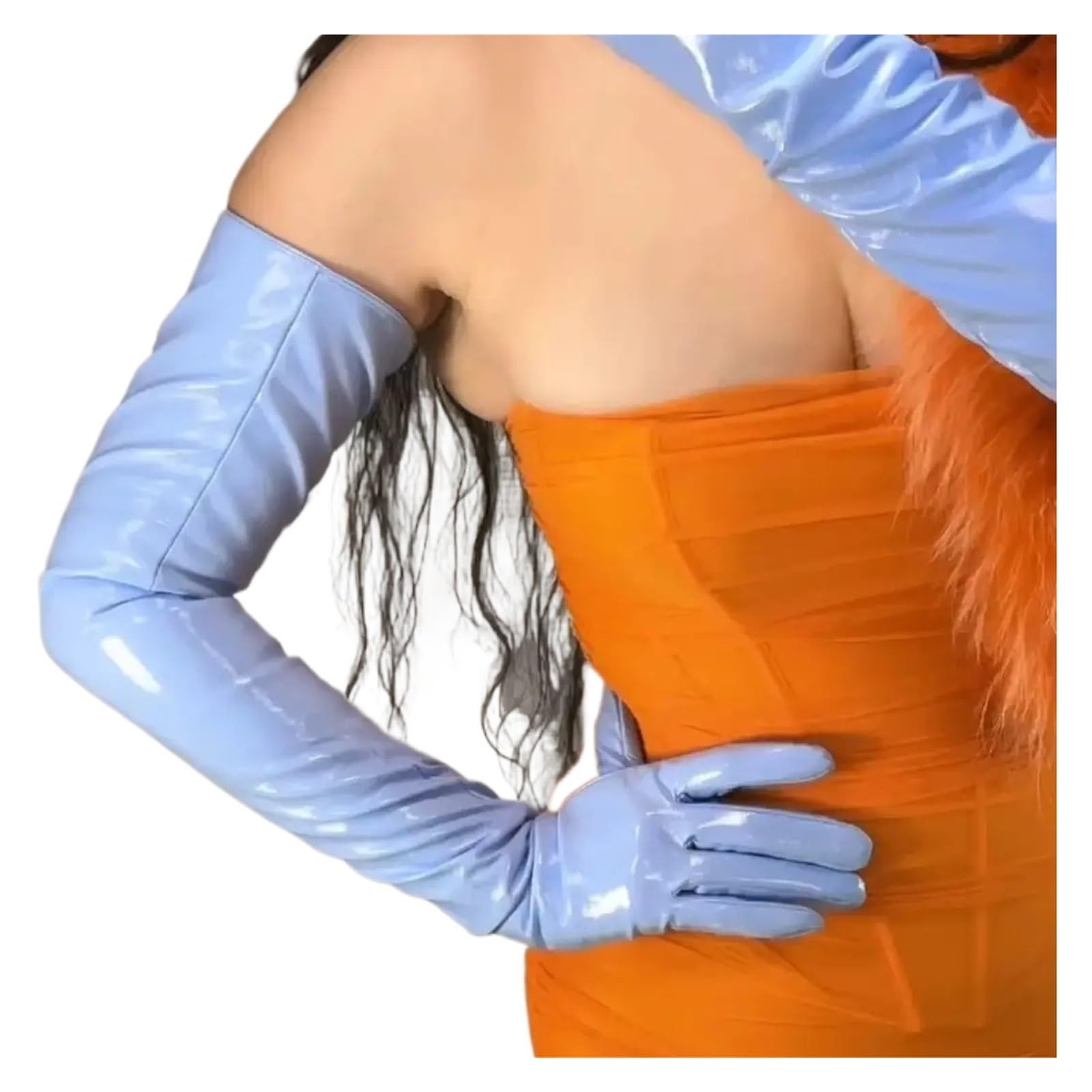 Guanto lungo da donna in pelle PU Opera Guanti in pelle lunga 70 cm | Guanti da festa in lattice PU lucido blu cipria, aspetto bagnato, spettacolo costume