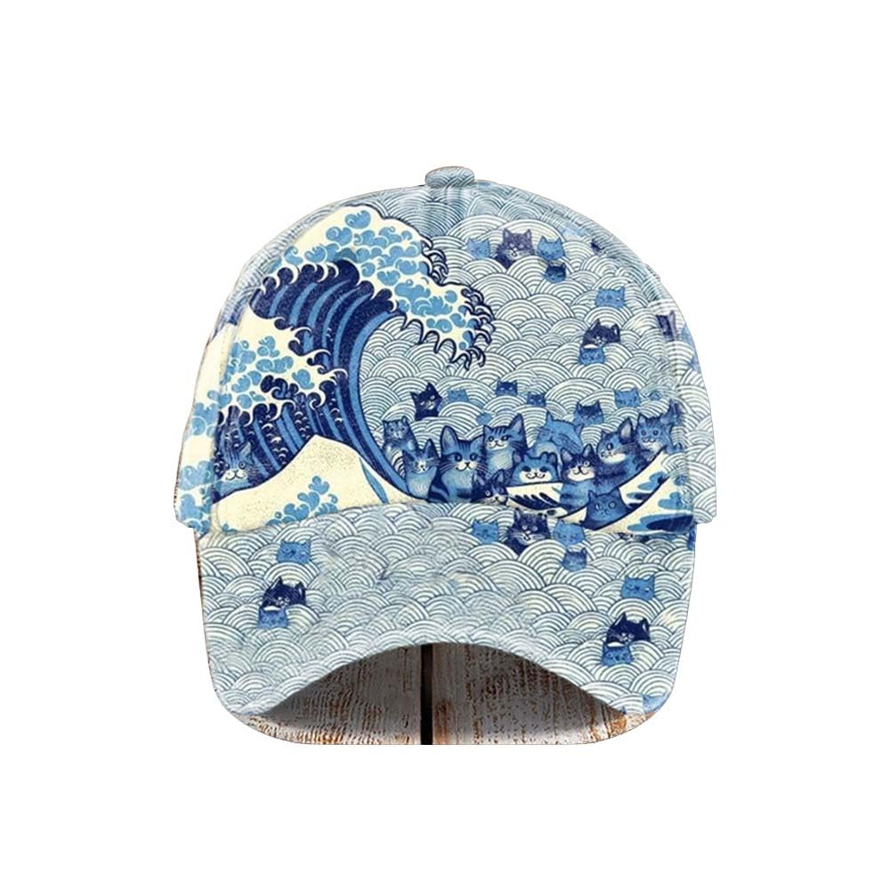 Blue Waves&Cats Print Baseball Cap Blue Wave Cat Hat Great Wave Cat T-Shirt Great Wave Cat Shirt Patriotic Hat Women Vote Ball Cap 2024 Childless Cat Lady Shirt T-Shirt