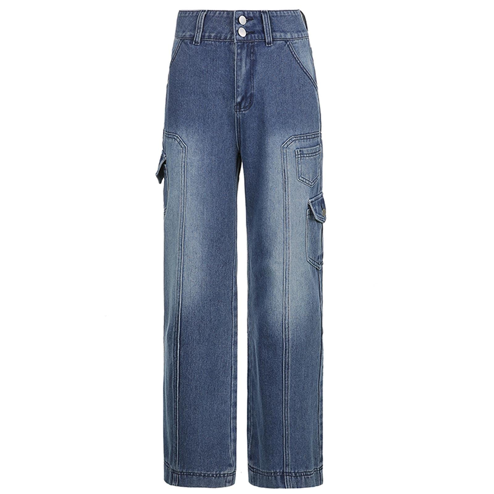 UKKO Jeans da Donna Donne in Vita Jeans A Vita Alta Tasche di Modo Patchwork Pantaloni da Carico Baggy