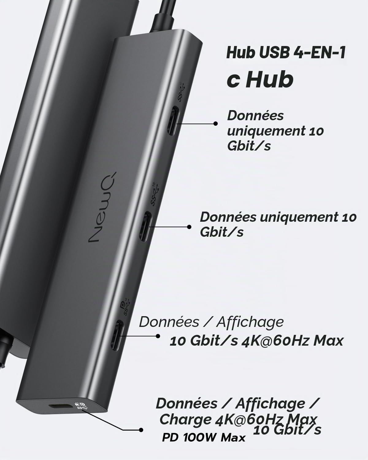 Hub vidéo USB-C NEWQ Type C Hub 3.2 avec Surveillance du Courant Inverse, Double Affichage vidéo 4K à 30-60 Hz, 4 Ports USB-C 3.2 GEN2 10 Gbit/s, Prise en Charge PD 100 W Max, avec câble vidéo