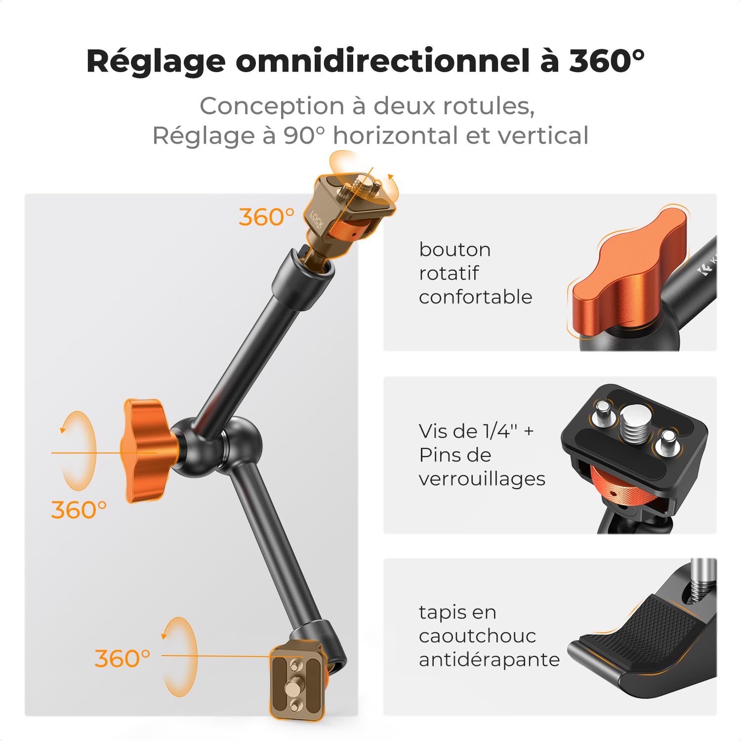 K&F CONCEPT Bras Magique 11 Pouce avec Pince Super Clamp et Vis 1/4'' 3/8'', Support Articulé Réglable pour Moniteur, Appareil Photo, Lumière LED, Microphone, Trépied Vidéo