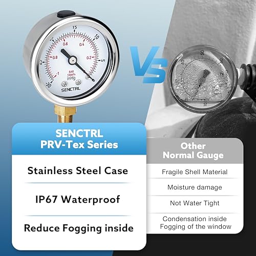 Miniatura 41 de SENCTRL Medidor de presión sin plomo de 100 psi, dial de 2 pulgadas, montaje inferior 1/4 NPT, impermeable, caja de acero inoxidable, para tanque