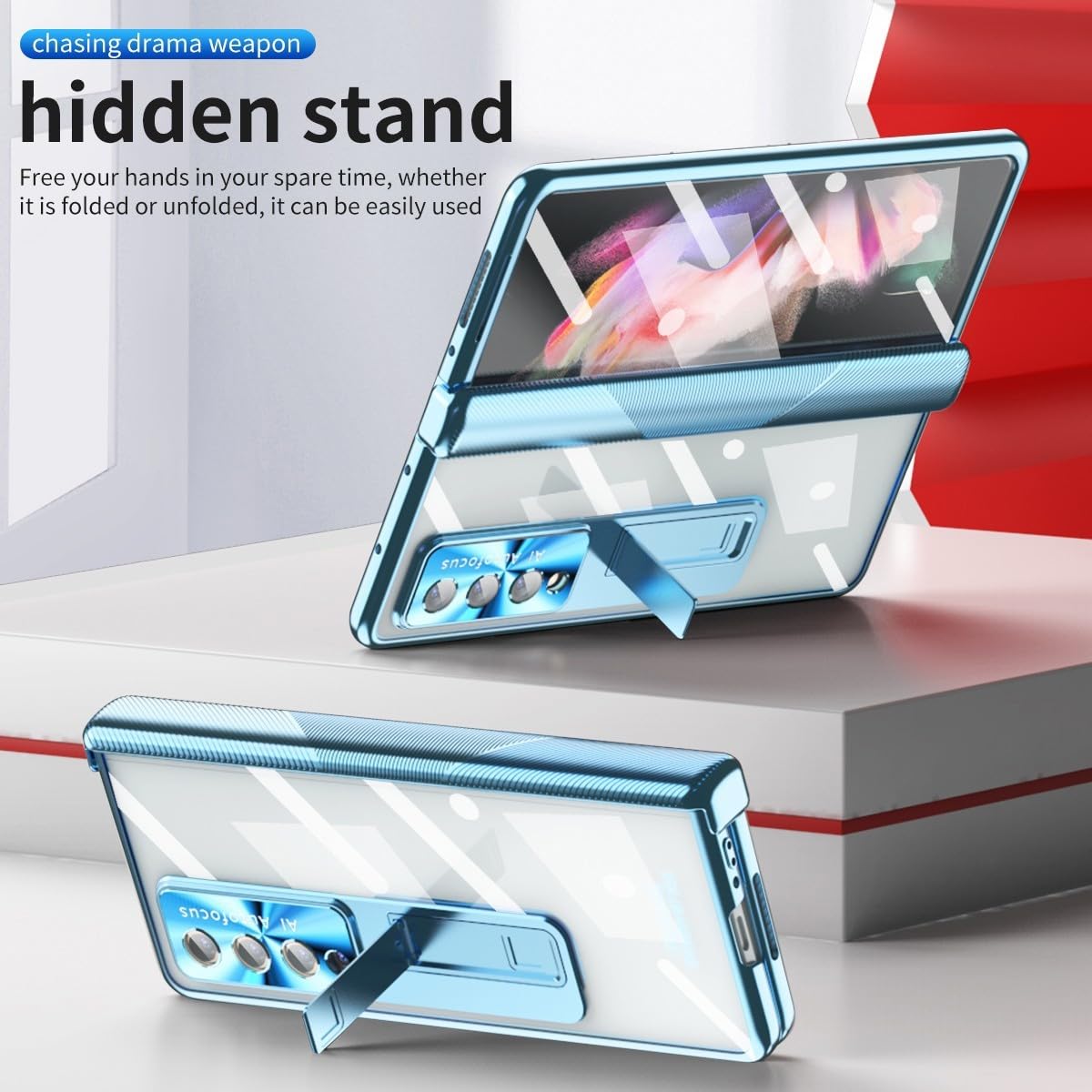 Generic Custodia compatibile con Samsung Galaxy Z Fold 5 (colore blu) Custodia a libro magnetica rigida con cerniera e supporto, pellicola per schermo e pennino capacitivo