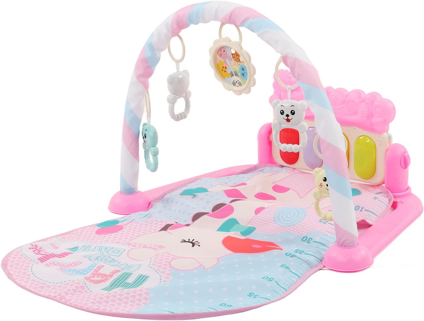 – Sorandy Baby Gym Play Mat with Soft Sound and Music for Newborn, Infant Play Piano Mat for Hearing Training, Baby Activity Gym for Color Cognitive Skills, Pink ABS Material