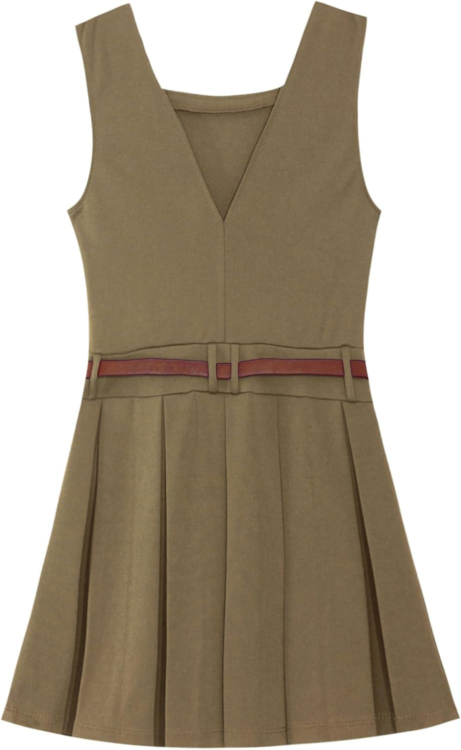 ACSUSS Girls School Uniform Pleated Jumpers Stretch Fit Square Neck Sleeveless Dress with Belt 6-16 Years