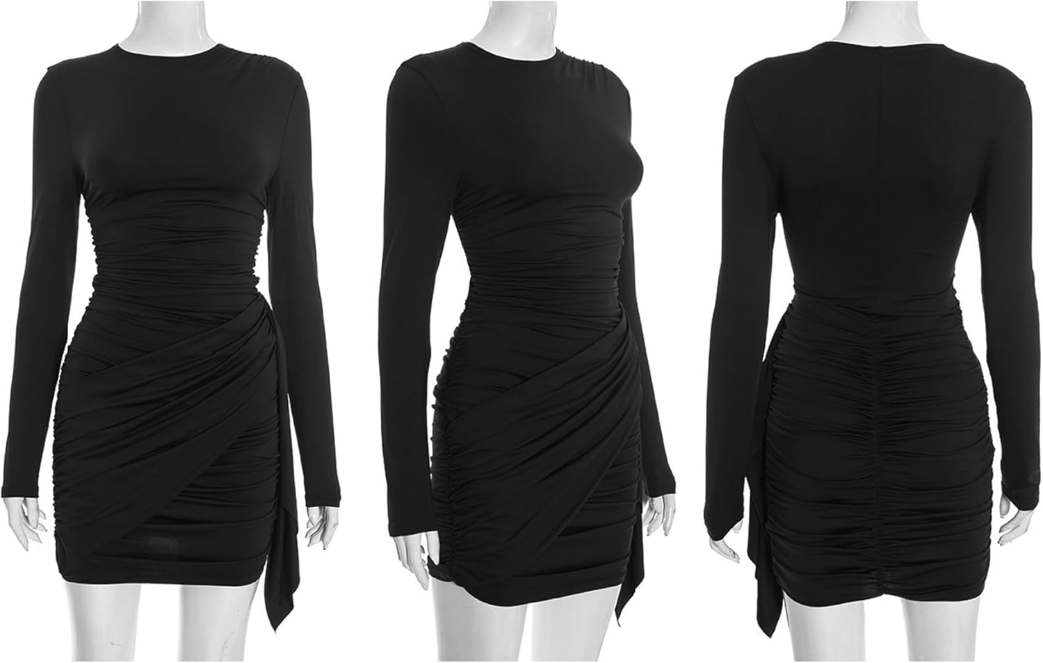 NRTHYE Ruched Bodycon Mini Dress for Women Sexy Elegant Long Sleeve Crew Neck Wrap Cocktail Party Short Dresses Clubwear - Image 6