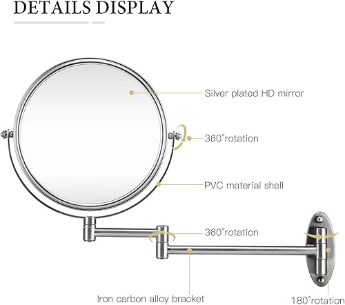 Miniatura 6 de GloRiastar Espejo de maquillaje montado en la pared, espejo de maquillaje de doble cara con aumento para baño, extensión de 8 pulgadas, espejo con