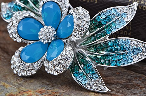Image of Alilang Womens Silver Blue Green Crystal Rhinestones Tropical Hawaiian Flower Brooch Pin