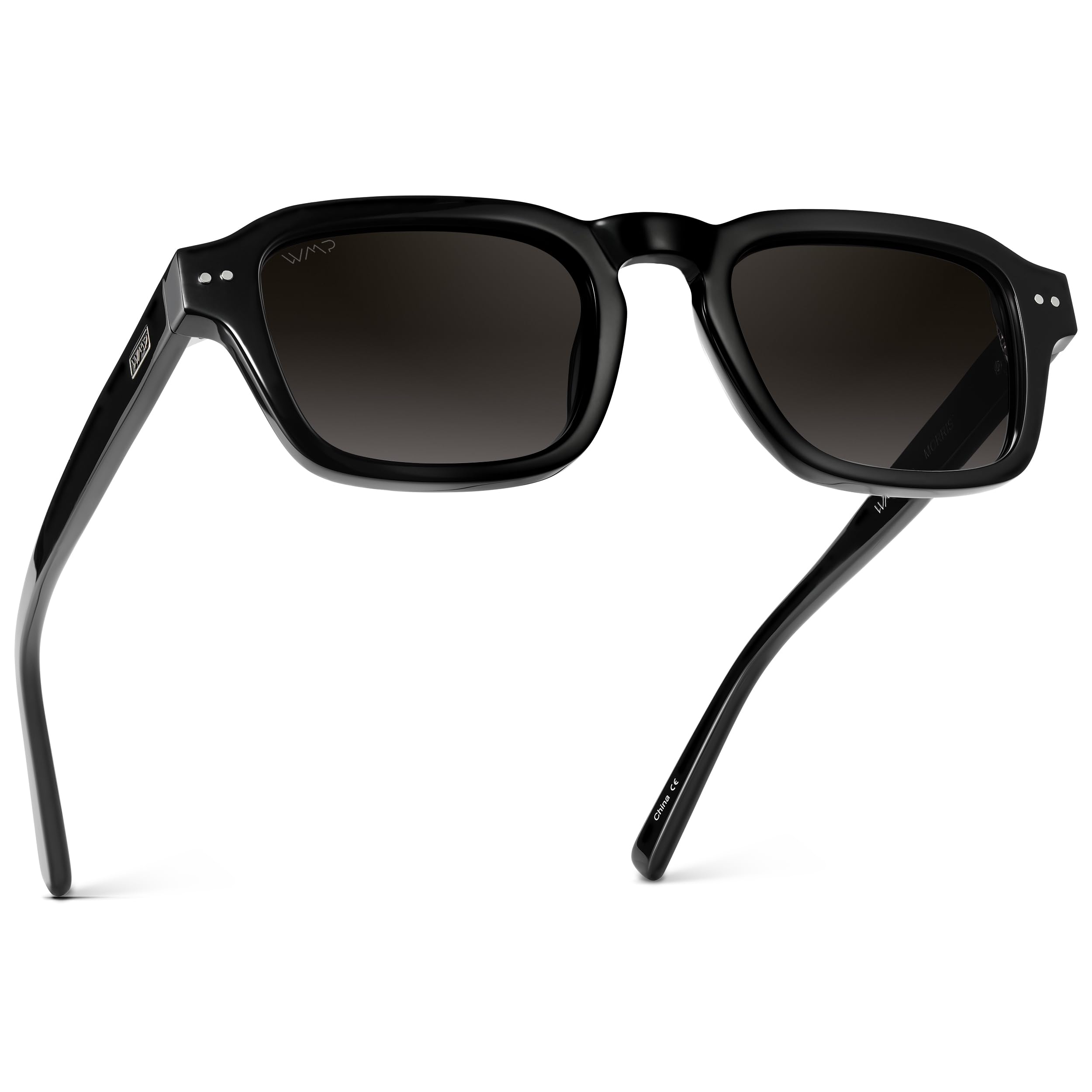 WMP Eyewear - Men's Polarized Sunglasses: Narrow Geometric Frame, Rectangular Lenses, Round Rivets, Injected Metal Core (Black/Oak Brown Gradient Lens)