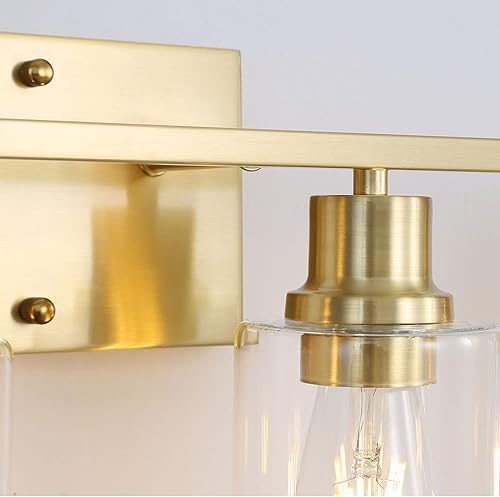 Miniatura 5 de Lámpara de baño dorada de 3 luces, luz de tocador de latón cepillado con pantalla de vidrio transparente, luces de pared de baño modernas para sala