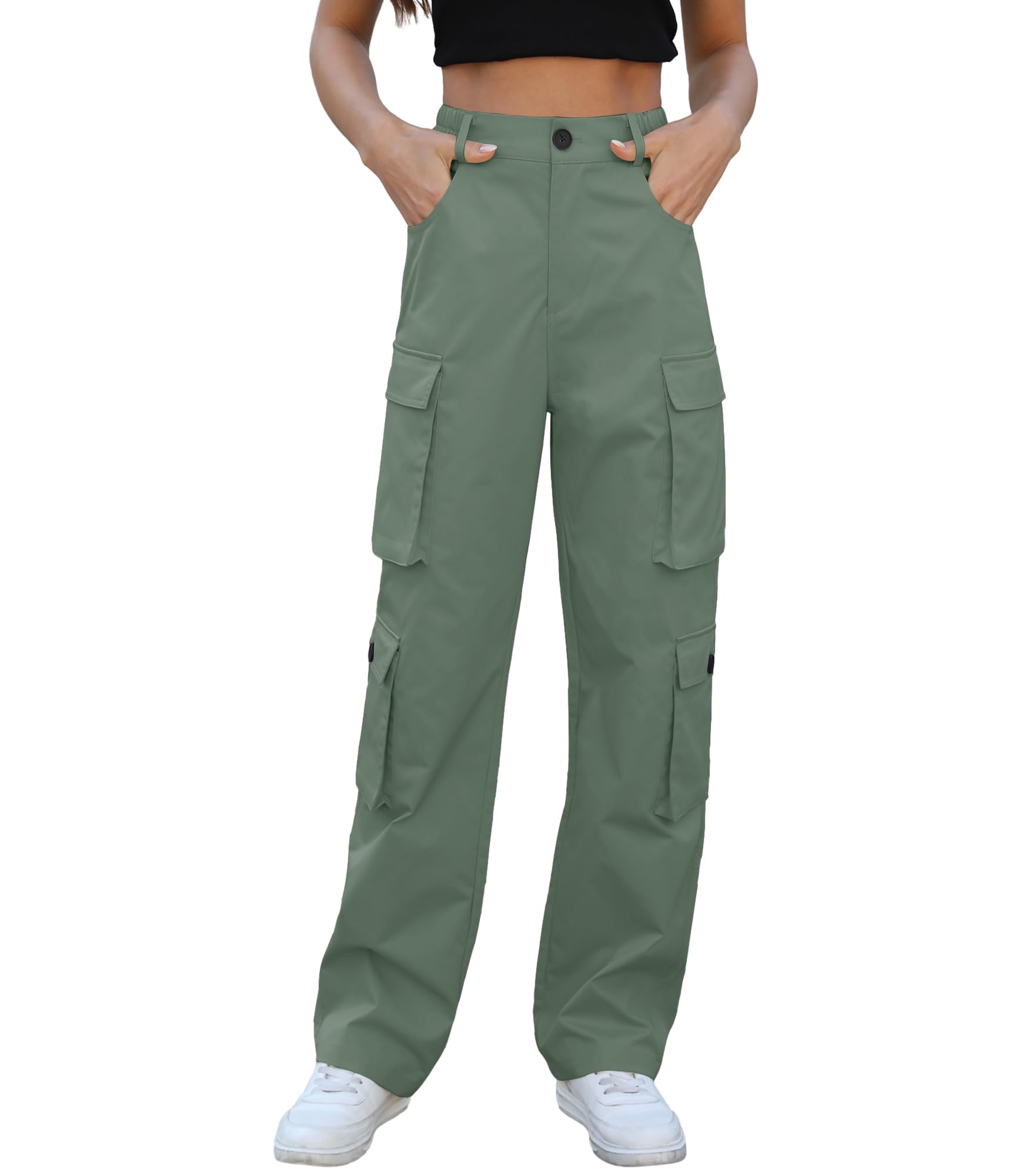Women High Waisted Cargo Pants Y2K Trousers Wide Leg Casual Pants with 8 Pockets