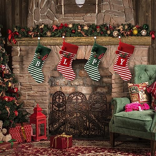 Meia de Natal bordada com monograma inicial de 50 cm, listrado, decoração de Natal, meia vermelha, b