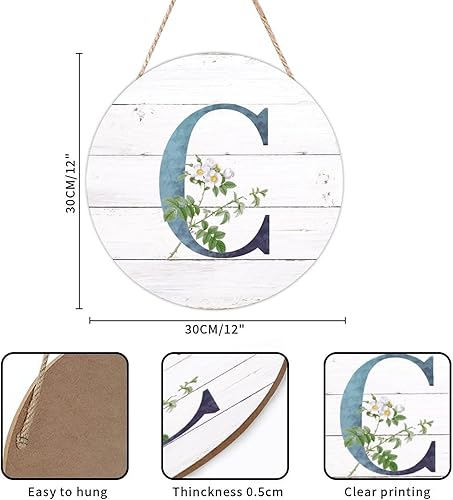 Vista 3 de Welcome Sign for Wall Initial Letter C Blue Round Wood Signs Monogram White Floral Wood Plaque Fresh Flowers 12in Mid Century Home Wall Decor for