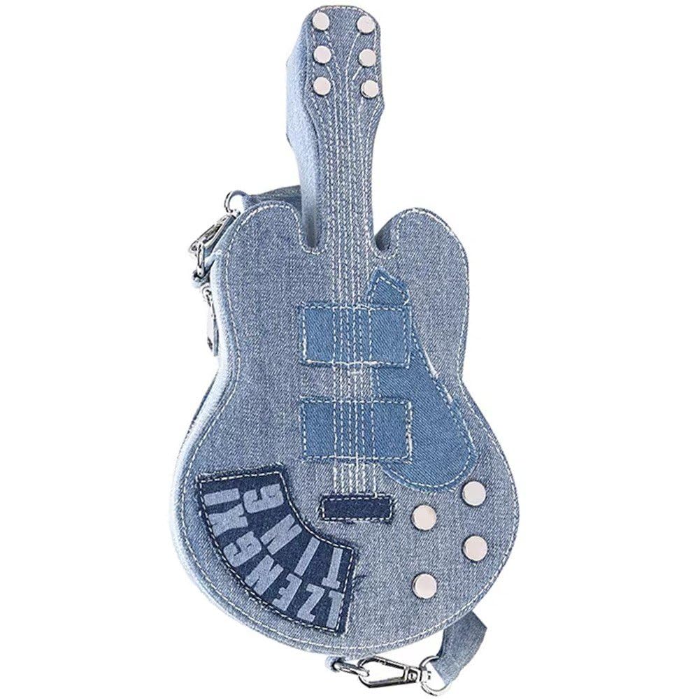 Sac à bandoulière guital en denim créatif au design sculptural et finitions denim lavé