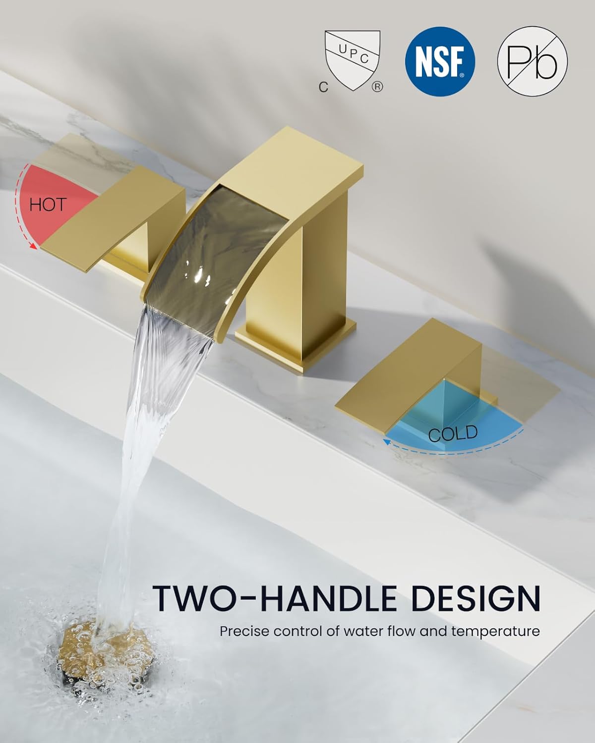 gotonovo Waterfall 8 inch Widespread Bathroom Faucet Set Bathroom Sink Faucet 3 Hole 2 Handle Vanity Lavatory Deck Mount with Pop Up Drain and Water Supply Lines Square Body Brushed Gold - Image 3