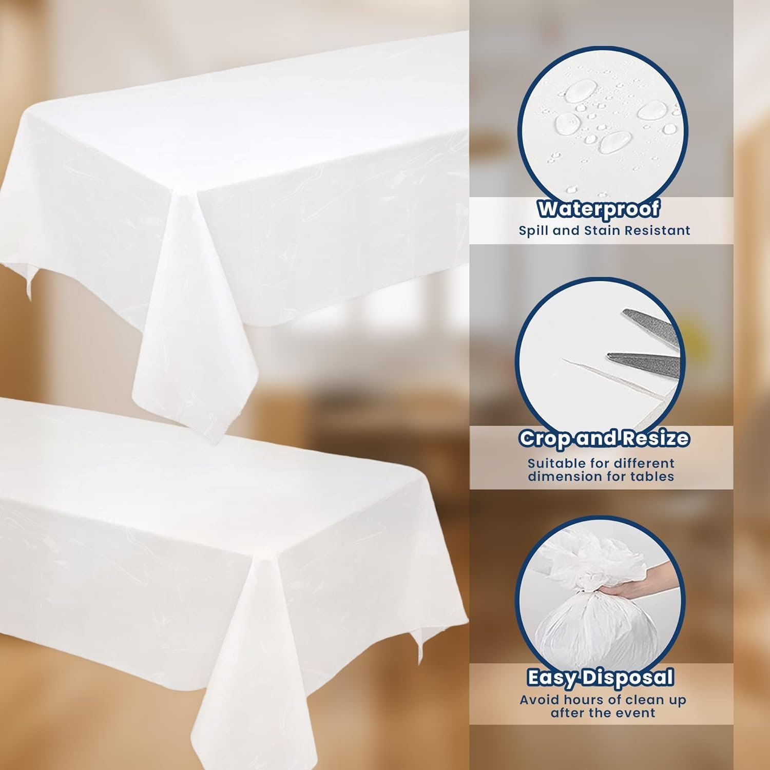 BULK White Plastic Tablecloths | 100 Pack | 54inx108in | Fits standard folding and picnic tables | Folded, Easy Grab & Go | Rectangle Disposable Waterproof | 100 TABLECLOTHS | MADE IN THE USA