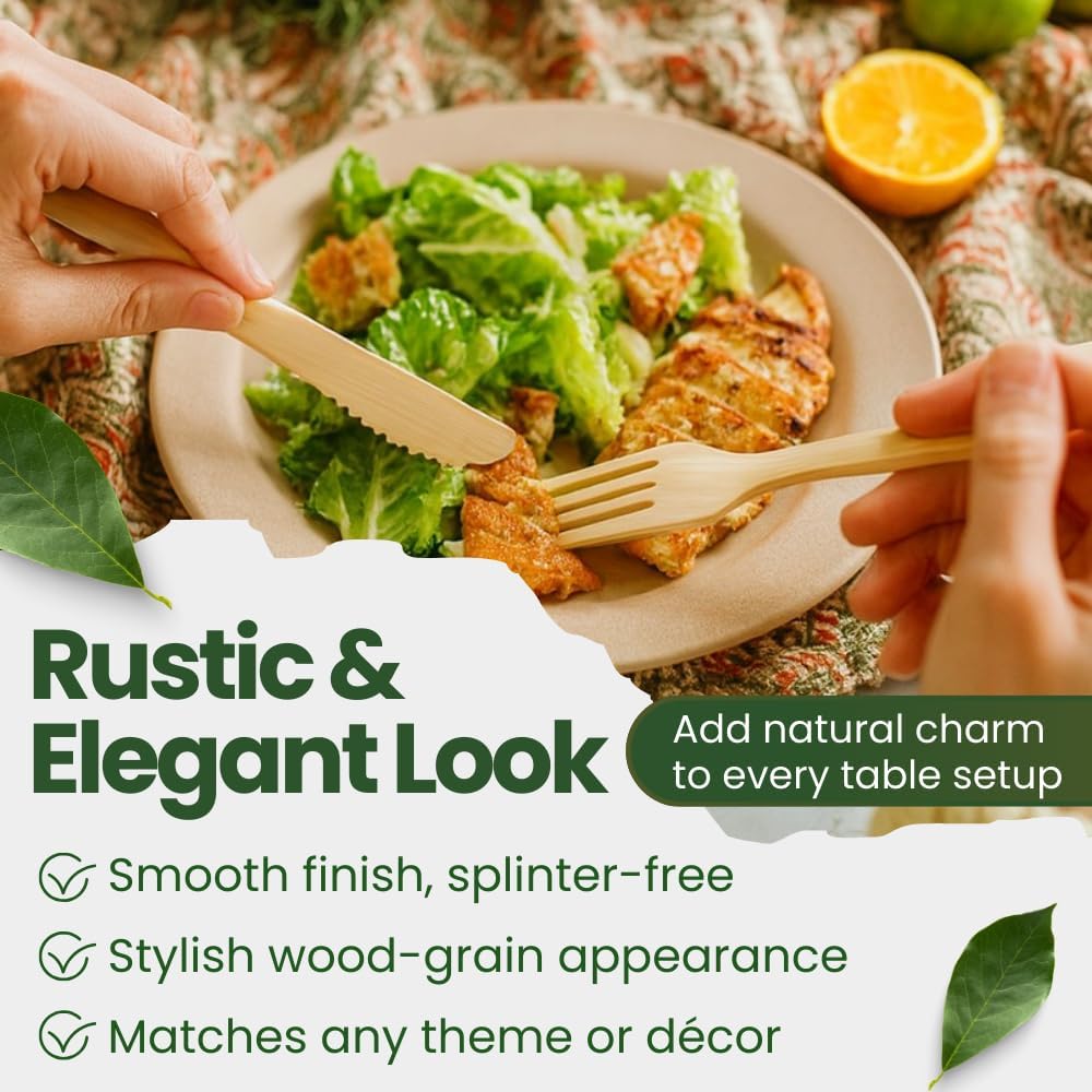Dtocs Disposable Wooden Cutlery Set – 300-Piece Wooden Silverware Set with Forks, Spoons & Knives (100 Each) | Plastic-Free Cutlery for Parties, Catering, Weddings & Events