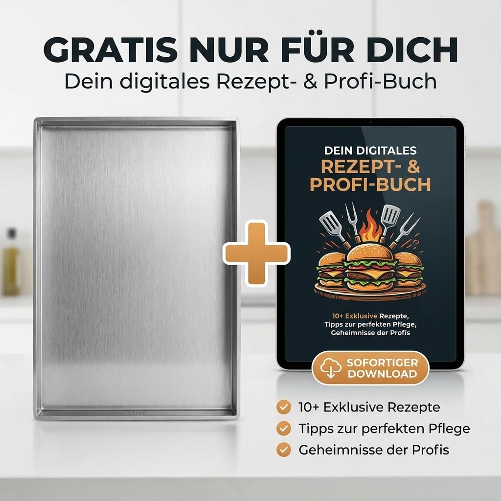 Plancha-Grillplatte-Set - 5mm Premium-Edelstahl-Grillplatte inkl. Burgerpresse, Grillspachtel, Burgerpapier, Rezeptbuch - Smash-Burger-Set - Grill-Zubehör-Männer-Geschenk