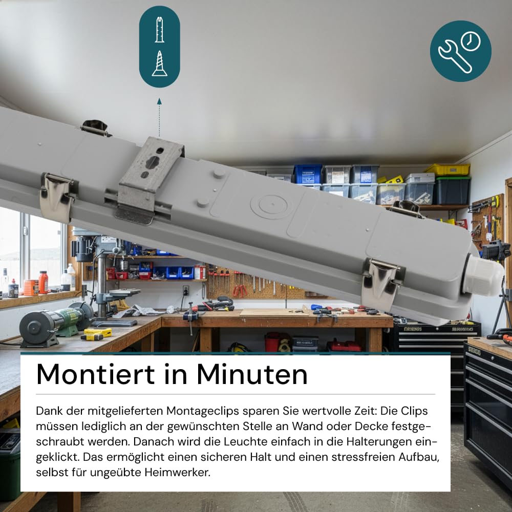 LUXULA 4er Pack LED Wannenleuchte 150cm mit 1x 22W LED Röhren T8 G13 Sockel, 4000K Neutralweiß, 2200lm - IP65 Feuchtraumleuchte für Werkstatt Keller Garage